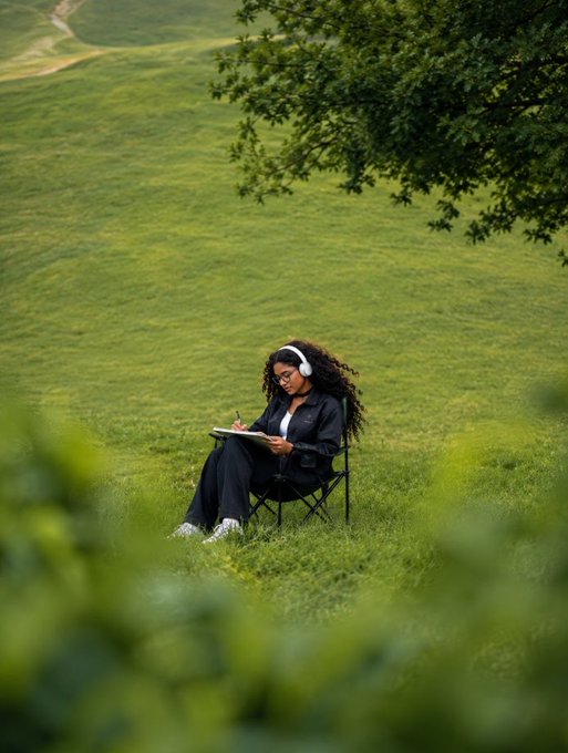 A person with curly hair wearing headphones sits in a chair in a grassy field with a tree overhead, writing in a notebook.