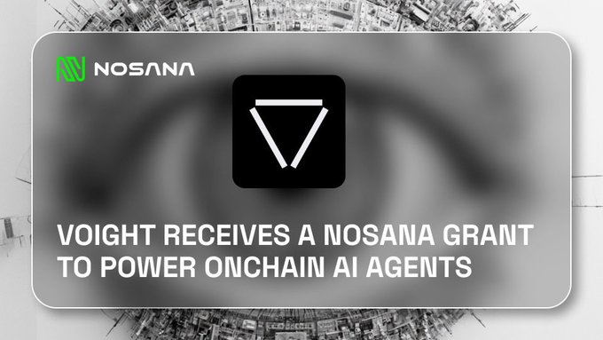 A grayscale announcement graphic featuring the Nosana logo (in green and white) at the top left, a central black icon with a white inverted triangle, and bold white text reading "VOIGHT RECEIVES A NOSANA GRANT TO POWER ONCHAIN AI AGENTS" against a backdrop of abstract grayscale imagery.