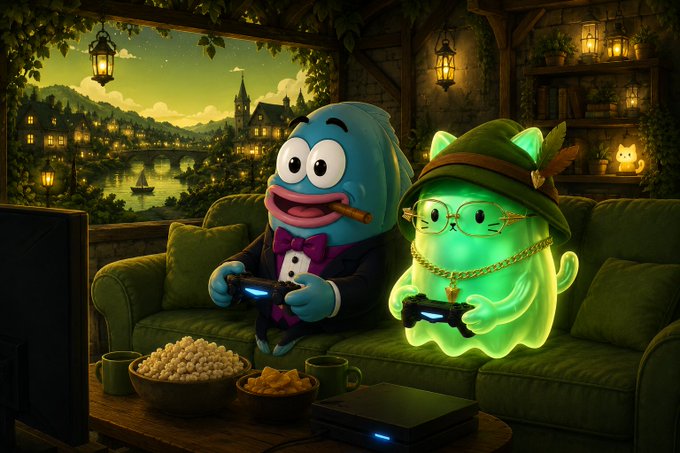 A whimsical digital illustration of a blue fish-like character in a tuxedo and a glowing green cat-like creature wearing glasses, sitting on a couch playing video games together.