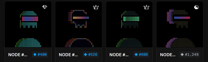 Four digital collectible cards showing pixelated spaceship-like icons with rarity diamonds and node numbers #480, #526, #606, and #1,249, some featuring crown symbols.