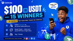 A CoinGecko promotional banner offering $100 in USDT split among 15 winners for the first trade on CoinGecko, featuring a surprised man holding a phone.