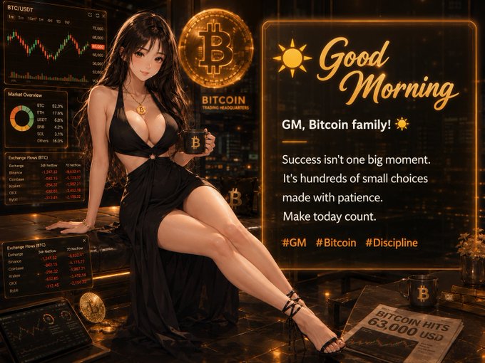 An illustrated digital graphic featuring an anime-style woman in a black dress holding a Bitcoin mug, set against a backdrop of trading charts, a Bitcoin logo, and a 'Good Morning' message stating 'Success isn't one big moment...' alongside 'BITCOIN HITS 63,000 USD'.
