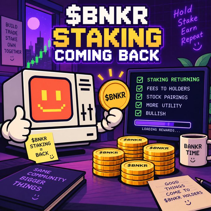 A promotional graphic announcing '$BNKR STAKING COMING BACK' featuring a retro computer mascot, stacks of $BNKR coins, and features like 'FEES TO HOLDERS' and 'STOCK PAIRINGS'.