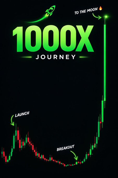 A trading chart graphic with green text "1000X JOURNEY" features a rocket lifting off from "LAUNCH," passing through a "BREAKOUT," and soaring "TO THE MOON" along a massive green candlestick spike—visually representing the post's hunt for a 1000X memecoin gem.