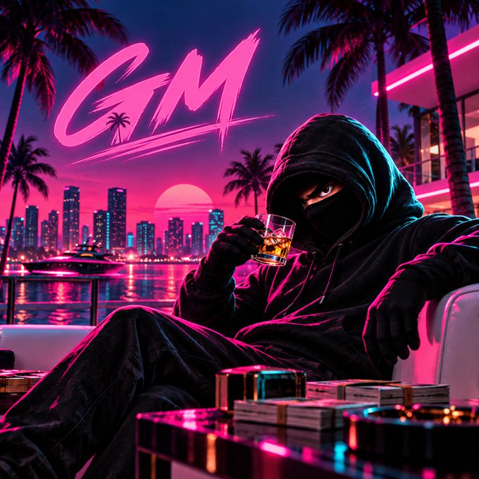 Stylized digital artwork of a hooded masked figure holding a drink amid stacks of money, set against a neon pink and blue city skyline with palm trees and the letters 'GM' in pink script.