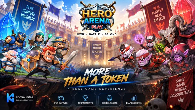 A vibrant promotional banner for 'Hero Arena Play' with the tagline 'MORE THAN A TOKEN, A REAL GAME EXPERIENCE,' showcasing fantasy game characters, PVP Battles, Tournaments, Digital Assets, and SHAP Ecosystem, with 'Kommunitas BUILDING TOGETHER' branding.