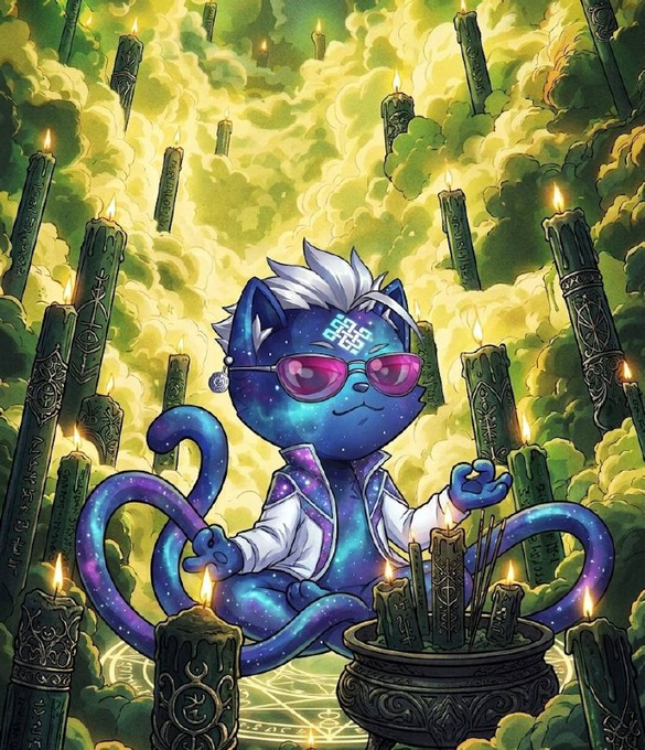 The image features a blue cat sitting in front of candles with its eyes closed, surrounded by numerous candles that are lit up. The cat appears to be meditating or taking a nap while being enveloped by the warm glow of the candles. The scene is set against a backdrop of green trees and clouds, creating an atmosphere of tranquility and relaxation.

The post about Bitcoin and Ethereum revolves around the idea of decentralized money systems and programmable AI applications. It suggests that both Bitcoin and Ethereum rely on off-chain AI to function effectively. This reliance on AI can be seen in the image as well, with the cat being surrounded by lit candles, which could represent the AI system controlling or monitoring various aspects of the scene. The combination of these elements creates a unique blend of technology and nature within the artwork.