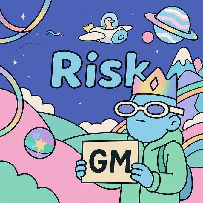 A colorful cartoon illustration of a blue character wearing a crown and sunglasses holding a sign that reads 'GM', with the word 'Risk' and a duck in a spaceship in the background.