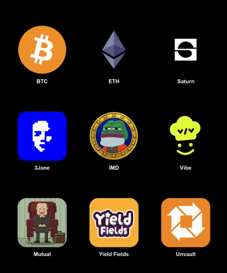 A 3×3 grid of cryptocurrency and app logos labeled “BTC,” “ETH,” “Saturn,” “3Jane,” “IMD,” “Vibe,” “Mutual,” “Yield Fields,” and “Unvault.”