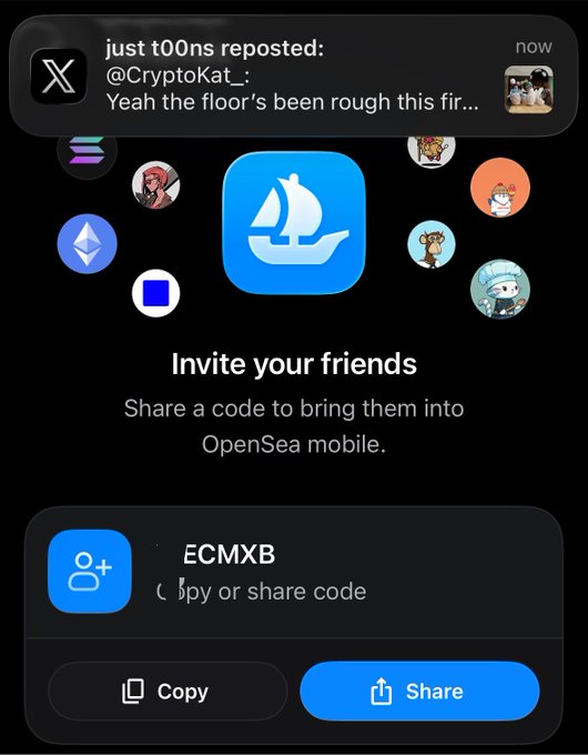 The image shows an OpenSea mobile referral screen with the invite code "ECMXB" and a "Copy or share code" option, surrounded by various NFT avatars. This directly relates to the tweet promising an OpenSea invite code to those who guess the first letter.