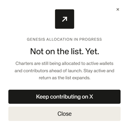 A pop-up notification from Standard Reserve displays "Not on the list. Yet" under the header "GENESIS ALLOCATION IN PROGRESS," informing users that charters are still being allocated to active wallets and contributors ahead of launch, with buttons to "Keep contributing on X" or "Close." The modal reflects the ongoing Genesis Charter allocation process mentioned in the post, where only 125 of the 1,000 planned spots have been distributed to active DeFi/NFT wallets.