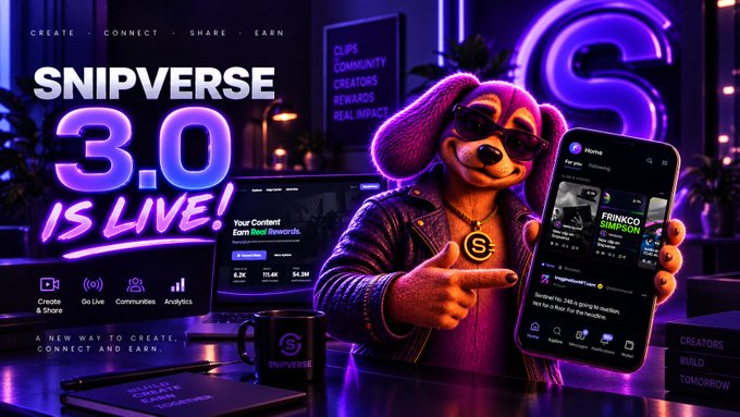 Promotional graphic for Snipverse 3.0 announcing it is live, featuring a purple anthropomorphic dog mascot wearing sunglasses and holding a smartphone displaying a creator's content feed.
