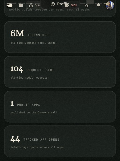 A dark-themed user profile dashboard showing statistics: '6M TOKENS USED', '104 REQUESTS SENT', '1 PUBLIC APPS', and '44 TRACKED APP OPENS' with a $20 Pro subscription badge.