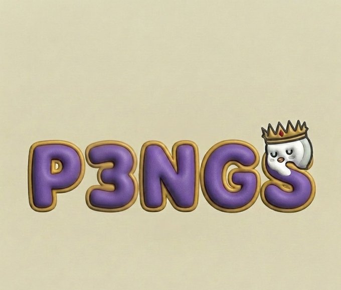Purple bubble letters spelling 'P3NGS' with a small white cat wearing a crown nestled inside the letter 'S', all on a beige background.