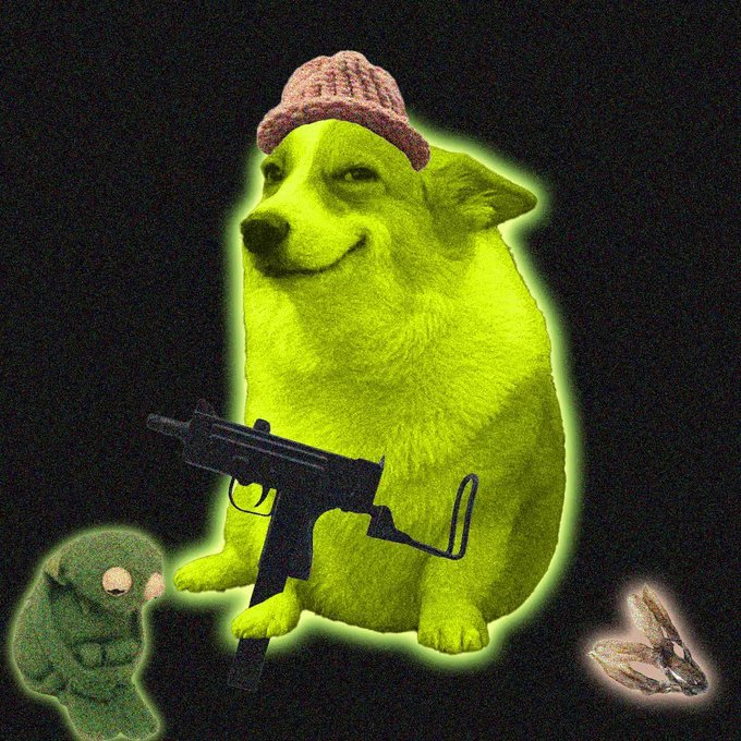 A yellow-tinted photo of a dog wearing a pink beanie and holding a submachine gun, surrounded by a green glow, with a smaller dog figure and a rabbit figure visible on the sides.
