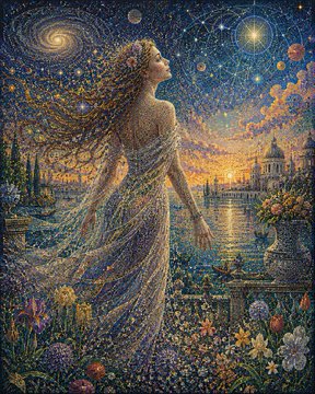 A fantasy artwork depicting a woman in a flowing gown with long hair that dissolves into a starry cosmos, standing in a vibrant garden at sunset with distant domed architecture.