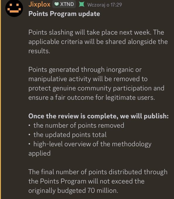 A screenshot of a Telegram post by 'Jixxlox' for XTND project, dated yesterday at 17:29, announces a 'Points Program update' detailing upcoming point slashing and a 70 million point budget cap.