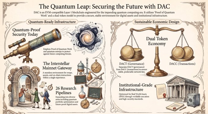 An infographic titled 'The Quantum Leap: Securing the Future with DAC,' describing DAC as an EVM-compatible Layer 1 blockchain featuring quantum-proof security, a dual-token economy (DACT for governance, DACC for transactions), and institutional-grade infrastructure.
