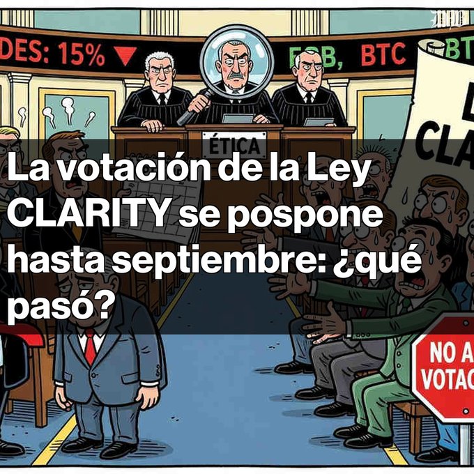 A cartoon illustration of a congressional hearing about cryptocurrency with text reading 'La votación de la Ley CLARITY se pospone hasta septiembre: ¿qué pasó?' displayed over the image.