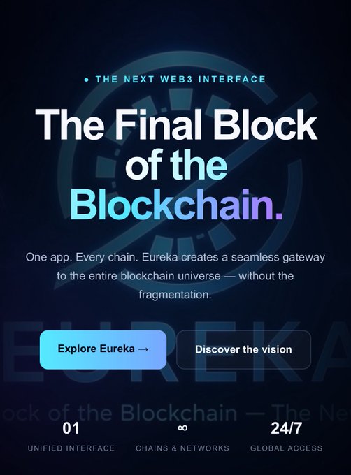 A promotional advertisement titled "The Final Block of the Blockchain" promoting "Eureka" as the next Web3 interface, with buttons to "Explore Eureka" and "Discover the vision".