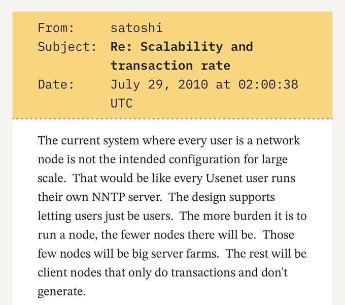 An archived email from 'satoshi' dated July 29, 2010, discussing Bitcoin's scalability, explaining that the system isn't designed for every user to run a network node and that most should be client nodes.