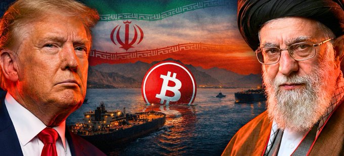 The image shows Donald Trump on the left and Iran's Supreme Leader Ayatollah Ali Khamenei on the right, with an Iranian flag, the Bitcoin logo, and naval ships in a strait between them—visually representing the US-Iran conflict over cryptocurrency sanctions mentioned in the post about BitBank and IRGC Bitcoin transfers.