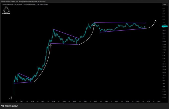 A TradingView cryptocurrency chart showing Total Market Cap (excluding BTC and Stablecoins) on a 1W timeframe with ascending triangle patterns drawn in purple lines.