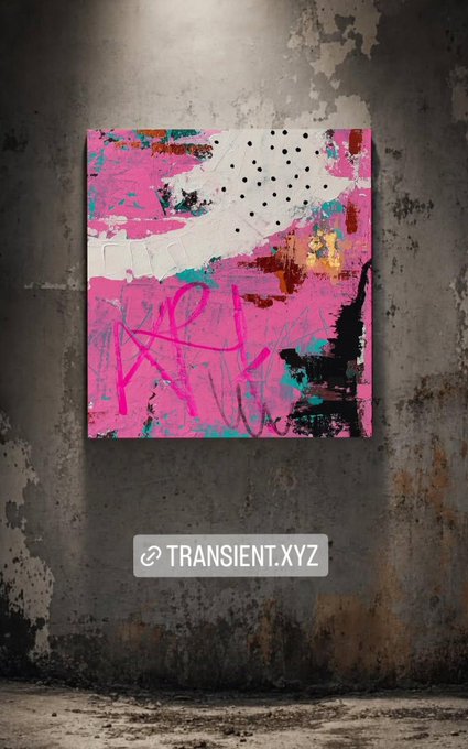A photograph of an abstract pink, black, and turquoise painting hanging on a weathered gray concrete wall, with a 'TRANSIENT.XYZ' watermark at the bottom.