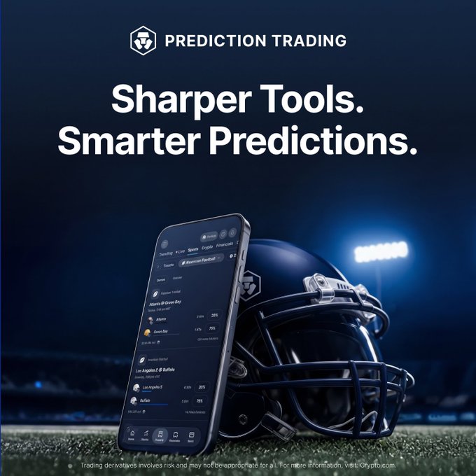A promotional ad for "Prediction Trading" with the tagline "Sharper Tools. Smarter Predictions." features a smartphone displaying sports betting options alongside an American football helmet under stadium lights. The image illustrates the post's message about backing favorite players by offering a mobile platform to check stats and predict match outcomes, with a disclaimer noting that "Trading derivatives involves risk."