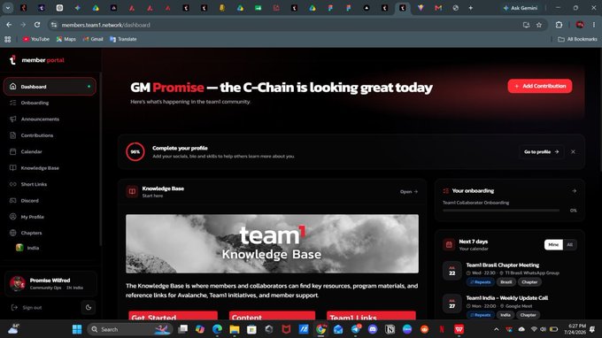 A screenshot of the 'team1' member portal dashboard, showing sections for Onboarding, Announcements, Contributions, Calendar, Knowledge Base, and upcoming events like the 'Team1 DeSci Chapter Meeting'.