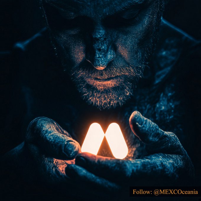 A dramatic dark image of a bearded man cupping a glowing MetaMask logo in his hands, with the text 'Follow: @MEXCOceania' in the corner.