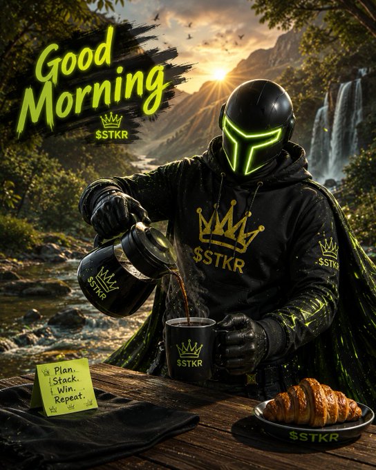 A digital poster features a futuristic figure in a black helmet with a glowing green visor pouring coffee from a black 'SSTKR' branded mug, set against a waterfall landscape with the text 'Good Morning' and a sticky note reading 'Plan. Stack. Win. Repeat.'
