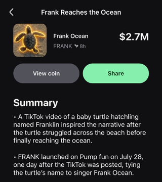 The image shows a Pumpfun app page for a memecoin called "Frank Reaches the Ocean" (ticker $FRANK), named after singer Frank Ocean, which has reached a $2.7M market cap and is associated with a viral TikTok video of a baby turtle hatching and struggling to reach the ocean. This aligns with the post noting that $FRANK is trending on the Pumpfun app, highlighting the coin's rapid rise following the viral turtle video inspiration.