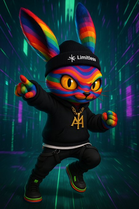 Vibrant mascot character wearing a black beanie labeled 'Limitless' and black hoodie with a gold 'M' pendant, standing in a neon-lit digital environment.