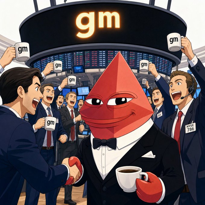 The image depicts a red, anthropomorphic diamond character wearing a tuxedo and holding a coffee mug that says "gm," surrounded by cheering traders in a stock exchange setting with "gm" signs and the ticker "NYSE 786" visible. The scene satirically celebrates the "gm" crypto greeting, tying into the post's discussion of Robinhood's chain launch on Arbitrum and its appeal to mainstream (Solana-style) users rather than traditional crypto natives.