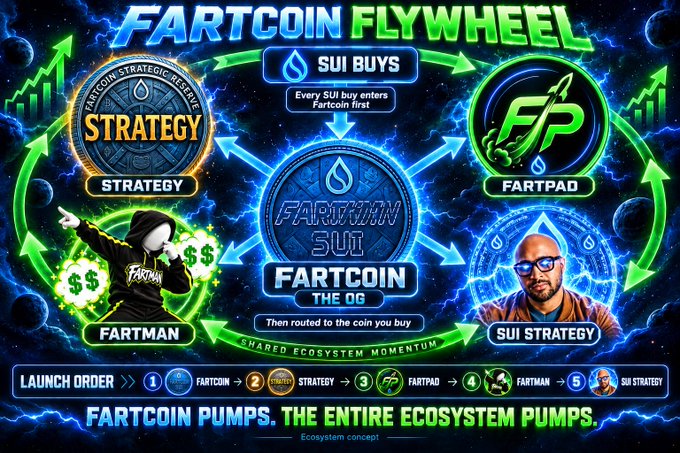 A colorful infographic titled "FARTCOIN FLYWHEEL" depicting a crypto ecosystem with Fartcoin at the center, showing connections to Strategy, Fartpad, Fartman, and Sui Strategy, with the tagline "FARTCOIN PUMPS. THE ENTIRE ECOSYSTEM PUMPS."