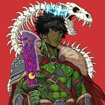 Anime-style illustration of a dark-skinned warrior with green armor, holding a purple ornate sword, with a white skeletal dragon forming an arch behind him against a red background.