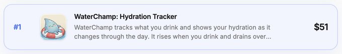 A mobile app listing for 'WaterChamp: Hydration Tracker' priced at $51, ranked #1, describing how it tracks daily water intake as it rises and drains.