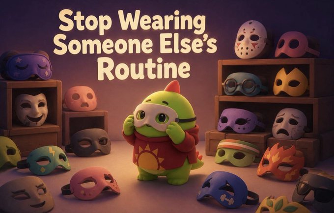 A 3D-rendered illustration of a small green dinosaur character wearing a red hoodie and a white superhero mask, surrounded by various colorful masks on the floor and shelves. The text at the top reads 'Stop Wearing Someone Else's Routine'.