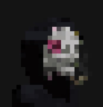 A pixel art image of a knight wearing a horned helmet with a pink nose on a black background.