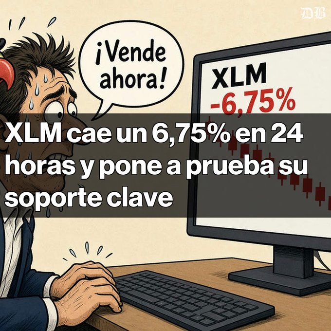 A Spanish-language meme showing a stressed cartoon trader at a computer with the headline 'XLM cae un 6,75% en 24 horas y pone a prueba su soporte clave', featuring a speech bubble saying '¡Vende ahora!'.