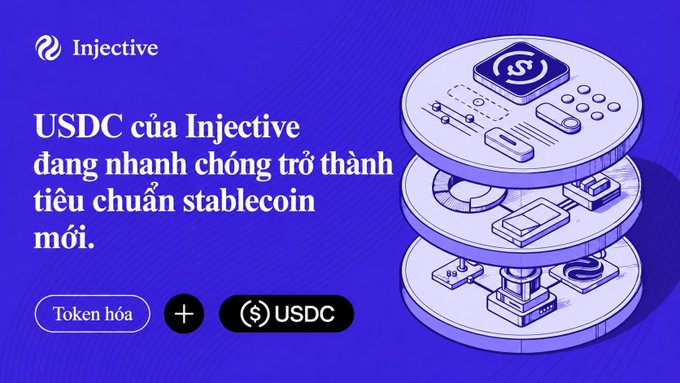 A purple promotional graphic from Injective features an isometric illustration of stacked circular platforms displaying tech and financial icons, alongside Vietnamese text reading "USDC của Injective đang nhanh chóng trở thành tiêu chuẩn stablecoin mới," with "Token hóa + USDC" buttons at the bottom, announcing Injective's partnership with Circle and the Cosmos ecosystem to migrate USDC to the new canonical Injective USDC standard.