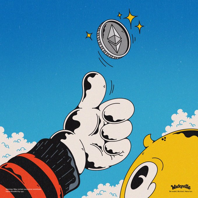 A vibrant cartoon illustration showing a gloved hand giving a thumbs-up beneath a flying silver Ethereum (ETH) coin against a blue sky, with a yellow character peeking from the corner. The image includes a warning label and 'Wackyville' logo.