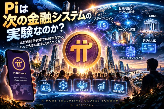 A promotional poster for Pi Network with Japanese text 'Piは次の金融システムの実験なのか?' (Is Pi an experiment for the next financial system?) and the tagline 'A MORE INCLUSIVE, GLOBAL ECONOMY', featuring elements like CBDC, KYC, Mainnet, DEX·AMM, and ETP.