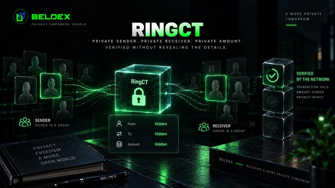 A promotional graphic for 'BELDEX' featuring 'RINGCT' technology, advertising 'PRIVATE SENDER. PRIVATE RECEIVER. PRIVATE AMOUNT. VERIFIED WITHOUT REVEALING THE DETAILS.' with visualizations of sender and receiver groups.