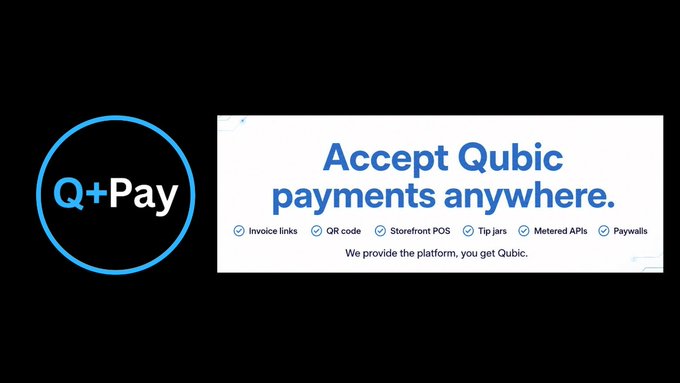The image features the "Q+Pay" logo alongside a banner reading "Accept Qubic payments anywhere," listing features like invoice links, QR codes, storefront POS, tip jars, metered APIs, and paywalls, with the tagline "We provide the platform, you get Qubic." This visually highlights QPay's payment platform powered by Qubic, aligning with the post's announcement of the QPay token launch, its 1 billion max supply, and revenue-sharing benefits for token holders.
