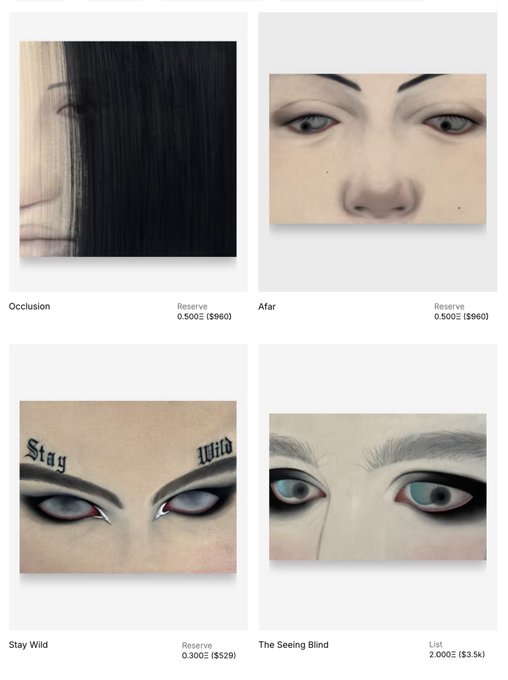 An online art gallery displaying four pieces focused on eyes and faces titled 'Occlusion', 'Afar', 'Stay Wild', and 'The Seeing Blind' with prices listed in ETH and USD.