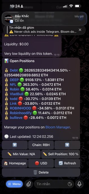 A Telegram bot interface displays cryptocurrency open positions including DEBT, DEEP, NFL, Robin, VladBull, todd, Link, ROBINHOOD, Robinhoodify, and bullieve, with a warning about low liquidity and a caution against clicking ads.