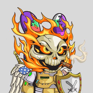 A digital illustration of a flaming skull character with ornate armor, holding a cigar in its mouth and weapons, decorated with colorful gaming logos including a green and purple globe.