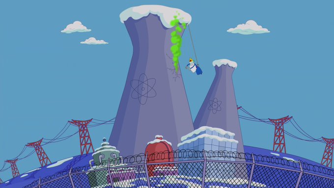 A cartoon illustration showing a snowy industrial scene with cooling towers, red power line towers, and a fence, with a character on a rope next to green slime spilling from a tower.